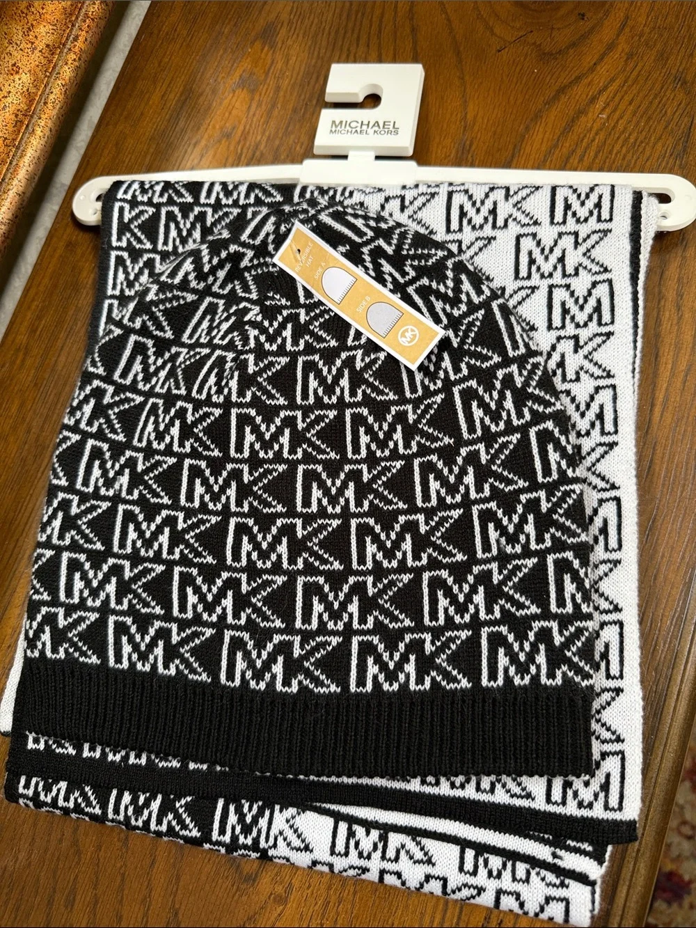 Michael Kors Black & White MK Logo Knit Reversible Beanie and Scarf Set.